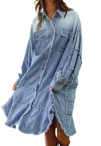 loveimgs Women Casual Long Denim Shirt Jacket Distressed Button Up Shacket Patchwork Boyfriend Denim Jean Cardigan