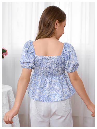 OYOANGLE Girl's Floral Print Square Neck Tops Puff Sleeve Cinched Waist Blouses2
