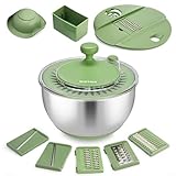 SUSTEAS Stainless Steel Salad Spinner Large, Vegetables Wash Bowl, Fruits & Herb Lettuce Dryer with 5 Blade Slicer Egg Yolk Strainer Shredder for Efficient Salad Preparation and Food Washing, 4.25Qt