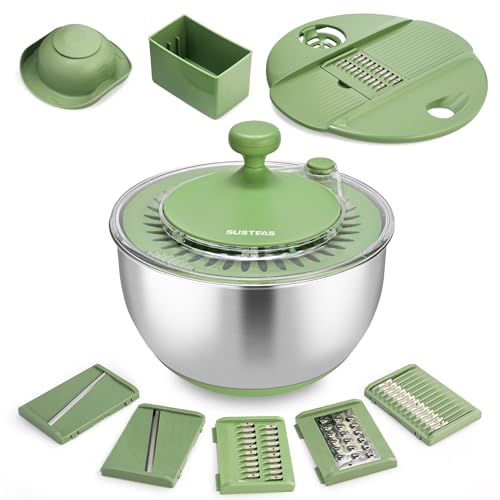 SUSTEAS Stainless Steel Salad Spinner Large, Vegetables Wash Bowl, Fruits & Herb Lettuce Dryer with 5 Blade Slicer Egg Yolk Strainer Shredder for Efficient Salad Preparation and Food Washing, 4.25Qt