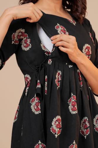 Image of THE Moon Star Women's Cotton Floral Printed Anarkali Maternity Feeding Kurti | Breastfeeding Dress for Mothers | Zipper Feeding Kurti, Nursing Kurti, Comfortable and Trendy Maternity Wear