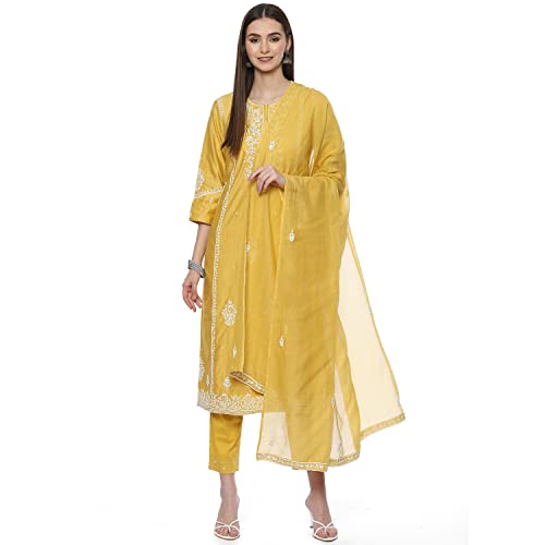 Image of BIBA Women Cotton Blend Straight Kurta Slim Pants Suit Set