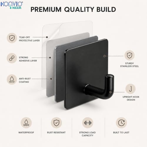 Image of KONVIO NEER Self Adhesive Metal Wall Hooks - Pack of 4 Heavy Duty Square Wall Hooks Without Drilling | Black Waterproof & Rust-Resistant Hooks for Towels, Keys, Kitchen, Bathroom & Home Organization