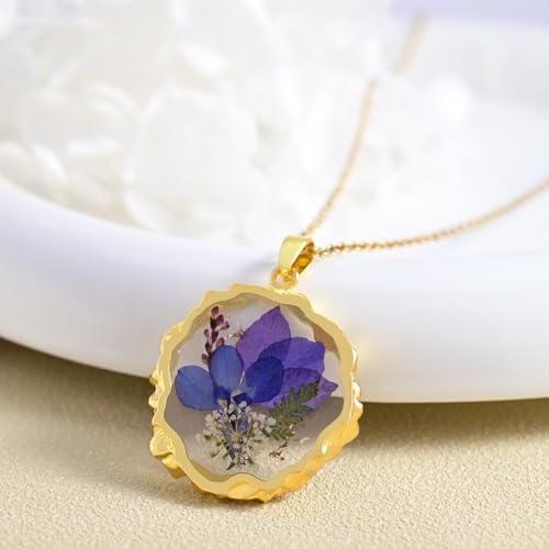 Birth Flower Necklaces for Women,August Month Lobelia Real Pressed Flower Necklace,Boho-Style Personalized Jewelry,Handmade Floral Pendant,Thoughtful Gift for Christmas,Birthday|18" (Gold)2