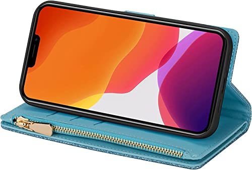 Étui portefeuille iPhone 13 Pro Max bleu avec support magnétique et rabat cuir