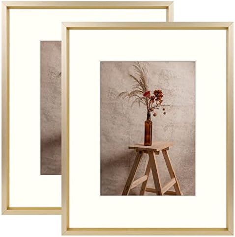 AUEAR, 8x10 Aluminum Frame in Gold - Real Glass - Made to Display Pictures 5x7 with Ivory Color Mat Horizontal and Vertical Formats for Wall (2 Pack)