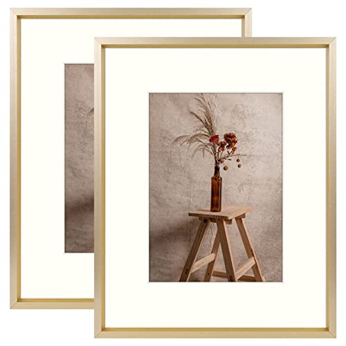 Auear, 8X10 Aluminum Frame In Gold - Real Glass - Made To Display Pictures 5X7 With Ivory Color Mat Horizontal And Vertical Formats For Wall (2 Pack) #TOP3