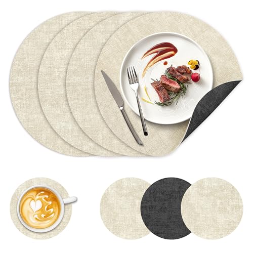 Image of 13 inch Round Placemats Set of 4, NCUE Dual-Sided Faux Leather Heat Resistant Table Mats, Waterproof Oilproof Washable Protective Table Placemats with Coaster, Wipeable Vinyl for Indoor & Outdoor Use