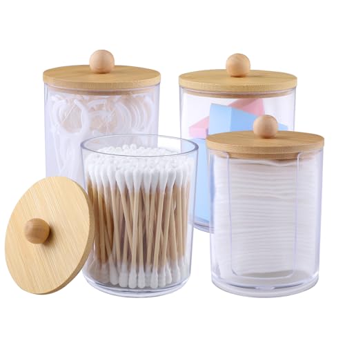 Vexillic Rangement Coton Tige, 4 Pièces Distributeur en Acrylique Avec Couvercle en Bambou - Boite pour Fil Dentaire, Houppettes, Petits Objets (Transparent)