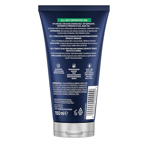 Wellaflex Men All-Day Definition Gel | Ultra starker Halt Styling Haargel | Veganes Haargel | Dermatologisch getestet & frei von Silikonen | 150ml