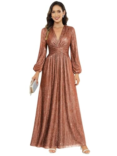 Image of Women's Formal Wedding Guest V Neck Glitter Sequins Mother of The Bride Dresses Long Sleeve