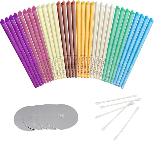 Ohrenkerzen Packung mit 32 Bunte Ohrkerzen Kit 8 Aromatische Düfte, Ohrenkerzen Zur Reinigung Ohrenschmalz Hohlkegel mit Sicherheitsfilter, 16 Schutzscheiben und 32 WattestäBchen
