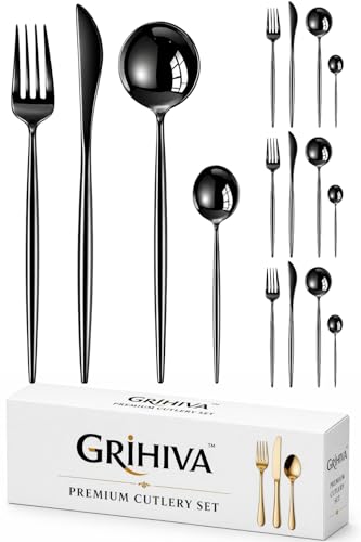 Image of 16 Pcs Black Slim Handle Stainless Steel Cutlery Set for Dining Table with Spoons and Forks Set + Butterknives - The Perfect Tableware /Flatware