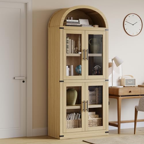 GarveeHome Arched Bookshelf with Doors Farmhouse Bookcase 15.83in Depth Display Storage Shelves 71.4in Tall Wooden Display Cabinet Rounded Bookcases for Living Room, Kitchen, Office (Light Oak)