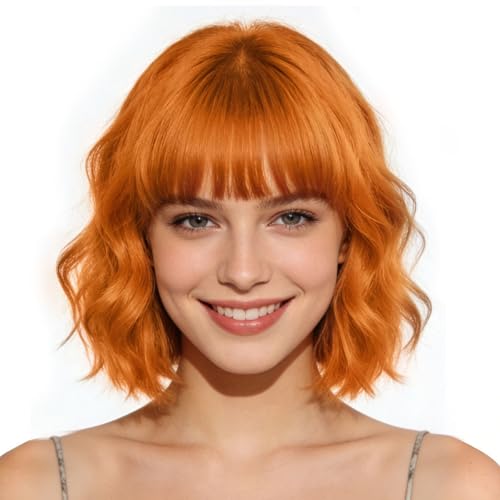 Yamel Orange Bob Curly Wig with Bangs Short Wavy Synthetic Wigs for Women Costume Party Cosplay Halloween 12 Inch