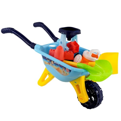 The Magic Toy Shop Kids Wheelbarrow with Accessories - Watering Can 2 Shovels Sand Mill 3 Castle Design Moulds - Outdoor Garden Water and Beach Sand Toys for Kids Boys and Girls Age 3 and Up
