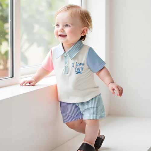 Toddler Baby Boy Fathers Day Outfit I Love Dad Color Block Collared Button Shirt Stripe Shorts Set Summer Clothes3
