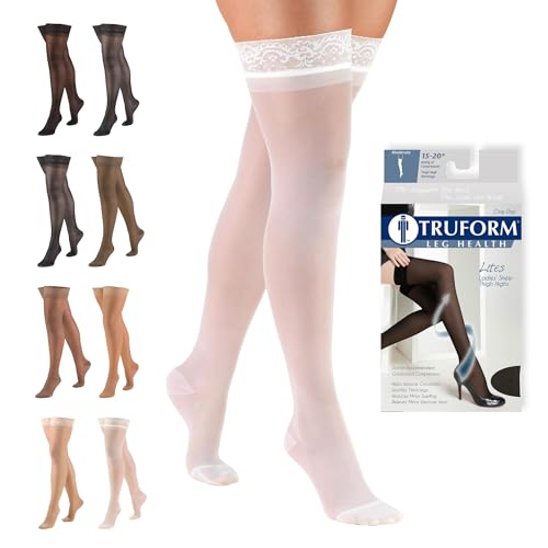 Image of Truform Sheer Compression Stockings, 15-20 mmHg, Women's Thigh High Length, 20 Denier, White, Large