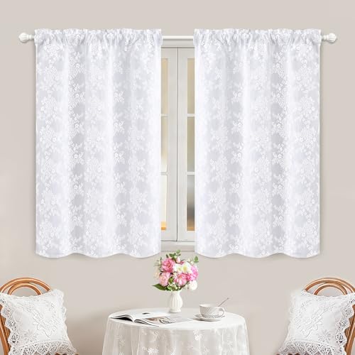 Image of Yinhua White Kitchen Curtains 36 Inch Length Double Layer Blackout Curtains for Kitchen Rod Pocket Short Curtain for Windows, Small Window Curtain for Bathroom, Living Room, 2 Panels
