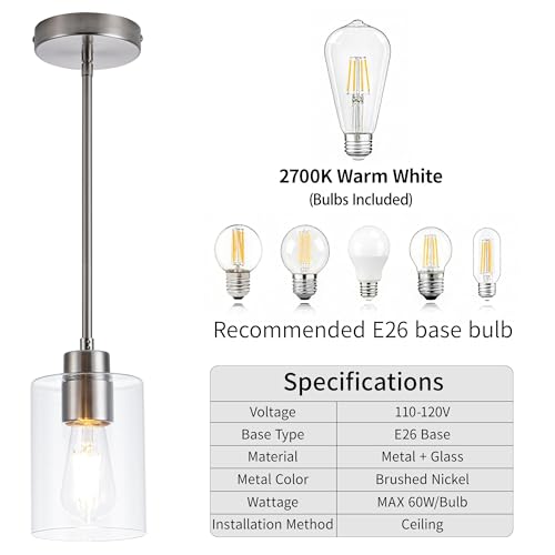 Image of MAYNA 1-Pack Brushed Nickel Ceiling Light Fixture, Simple Silver Mini Pendant with Bulb, Adjustable Rods Contemporary Hanging Lamp for Foyer, Corridor, Sink