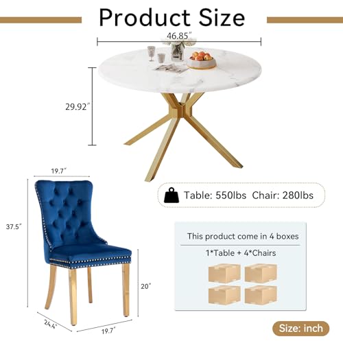 Image of 5-Piece Round Dining Table Set for 4, Luxury Faux Marble Kitchen Table Set for 4 with Blue Velvet Chairs, 45 inch Circle Dining Room Tables with White Marble Top and Gold Stainless Steel Cross Legs