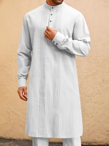 Runcati Mens Kaftan Robe Button Down Long Sleeve Cotton Linen Thobe Casual Muslim Gown Henley Shirt2