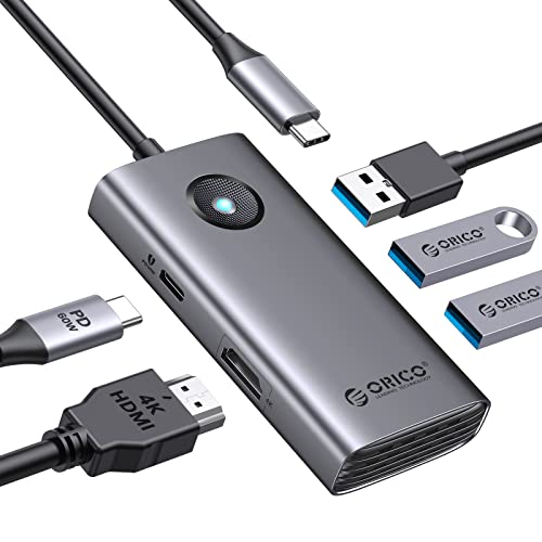 Docking Station ORICO 5 en 1 con HDMI 4K, Entrega de energía de 60W, USB C 3.0 5 GBPS y 2 Puertos de Datos USB 2.0 para MacBook Air/Pro, XPS y más (Gris)