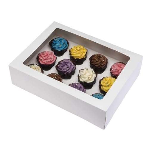 PACK N TRADE 10 Pcs cupcake boxes 12 hole - Multifunction Inserts Deep cake boxes for cupcakes White cupcake boxes (33 x 24.2 x 7.5 cm) with Clear Window - Ideal for Muffins Cupcakes & Desserts