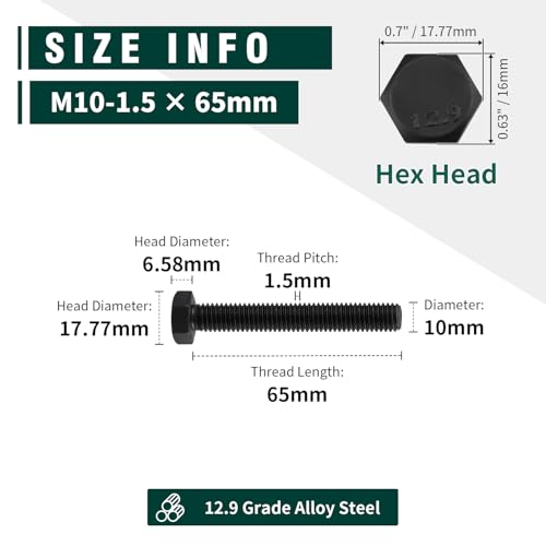 Image of M10-1.5 x 65mm Hex Bolts, High-Strength Metric Class 12.9 Steel Hex Head Screws for Valves Pumps Motors Automotive Suspension Systems, Black Oxide, Full Thread, 8-Pack