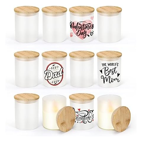sweet grain 10oz Sublimation Glass Tealight Candle Holder with Bamboo Lids 12 Pcs Sublimation Frosted Glass Jar for Party Decorations, Birthday, Wedding and Dinner Table Decor Cover