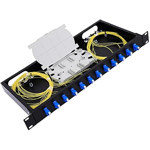 GESD 12 Duplex 24 Port LC-OS1 Rack Mount Enclosure Box + Splice Trays Fiber Cables Spool SingleMode LC-UPC Kit (Include 1M 24Strand Pigtail+24 Core LGX Loaded Patch Panel - Fits 19" Racks Cabinet Cover
