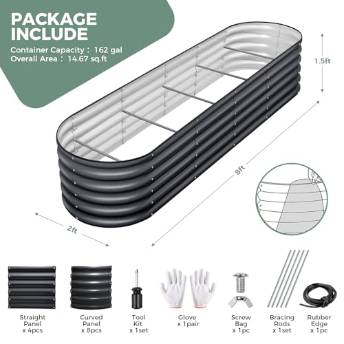 OBENSKY Galvanized Raised Garden Bed Outdoor 8x2x1.5ft, 18'' Oval Large Metal Planter Garden Boxes for Gardening, Planting Deep Root Vegetables, Herbs, Fruits, Flower, Rustproof, Rubber Strip, Gray — view 2