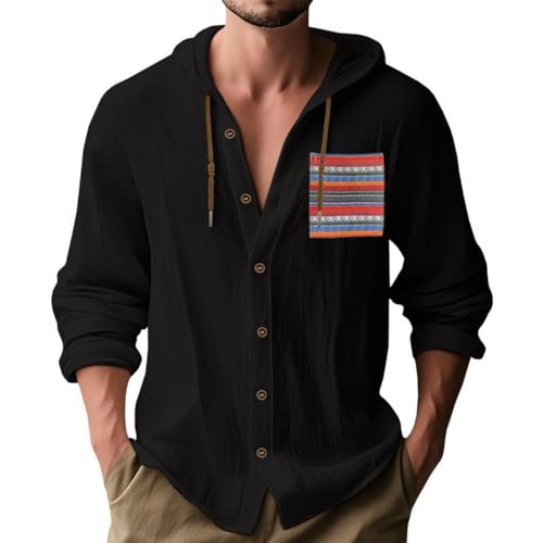 Men Cotton Linen Long Sleeve Button Down Shirt Comfy Lightweight Hoodies Summer Casual Beach Linen Shirt