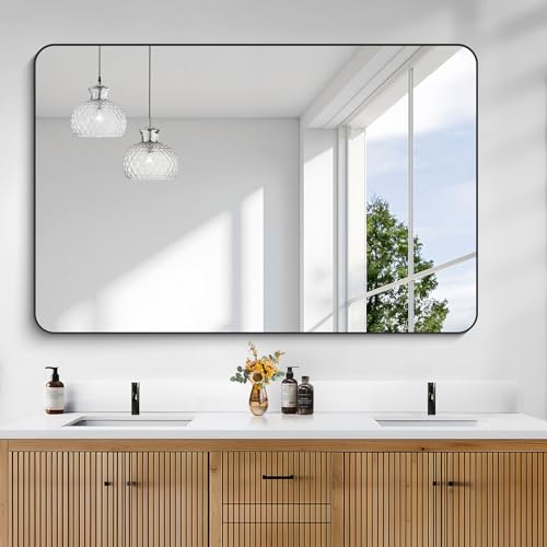 Image of KOCUUY 55x36 Black Bathroom Mirror, Large Matte Black Vanity Mirror, Tempered Glass Mirror for Bathroom Wall, Black Rounded Rectangle Mirror Modern Decor for Bedroom, Living Room, Farmhouse, Entryway