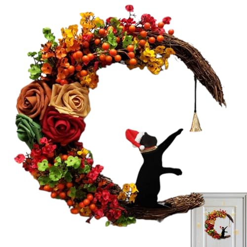 クリスマスリース 花輪 造花 リース 黒猫 花 三日月 壁掛け 飾り付け 窓 扉 暖炉 玄関 自宅 部屋 店舗 祝祭日 お祭り お祝い 季節用品 家庭用 人工花輪 室内 室外 パーティー装飾 オーナメント インテリア ホームデコレーション（鈴はランダムです）のサムネイル