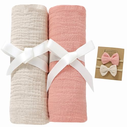 Image of okdiy 2 Pack Muslin Swaddle Blankets with Headband Set 47x47 in,Large 100% Organic Cotton Muslin Baby Blanket for Newborn Toddlers,Baby Receiving Blankets for Boys and Girls (Khaki+Pink)