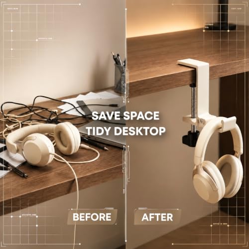 Image of JAKO Headphone Stand for Desk, Aluminum Alloy Foldable Headphone Holder - Headset Stand Hook Mount, PC Gaming Headset Holder Under Desk Clamp for Office, Computer, Student Class Table (Beige)