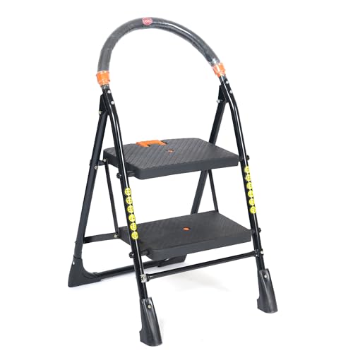 Image of ORRIL OBBO 2 Step Ladder for Home, Foldable Step Ladder with Wide Anti-Skid Steps, Alloy Steel, Black