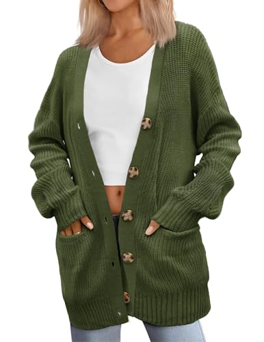 Zeagoo Cárdigan de Punto para Mujer Cardigan de Manga Larga con Cuello en V y Botones Chaqueta de Punto Grueso Casual Otoño Invierno Verde M