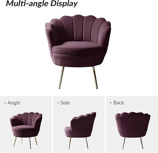 Image of Wooden Velvet Shell Accent Chair, Upholstery, Gold Metal Legs, Channel Tufted Design, Barrel Chair for Living Room, Drawing Room, Bedroom, & Office (Purple)