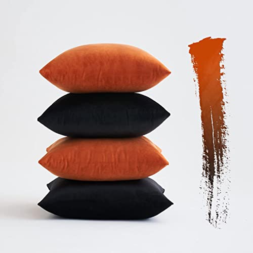 MIULEE Samt Kissenbezug 50x50 cm Kissenhülle 4er Set Sofakissen Samtkissen Dekorative Dekokissen Couchkissen Zierkissen Deko Bezug Sofakissenbezug für Wohnzimmer Kinder Büro Orange und Schwarz