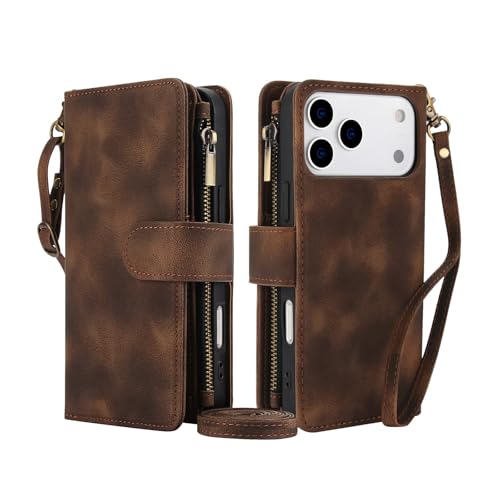 Étui iPhone 17 Pro marron en cuir avec sangle pour être libre d'esprit