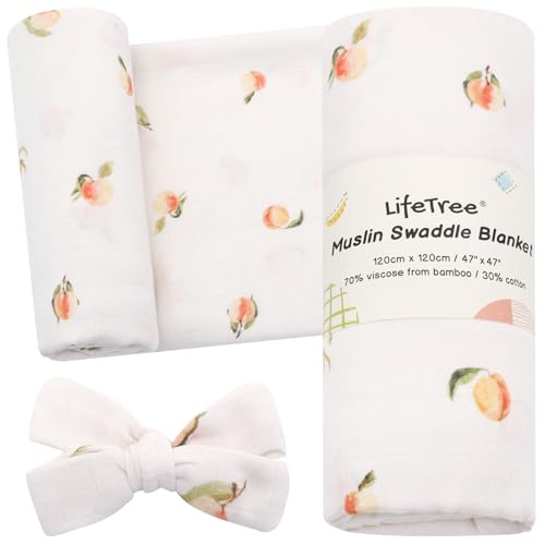 Image of LifeTree Baby Muslin Swaddle Blankets for Boys & Girls, Newborn Swaddle Set with Matching Headband Bow, Infant Blanket Wrap, 47 x 47 inches, Peach, 70% Viscose from Bamboo and 30% Cotton