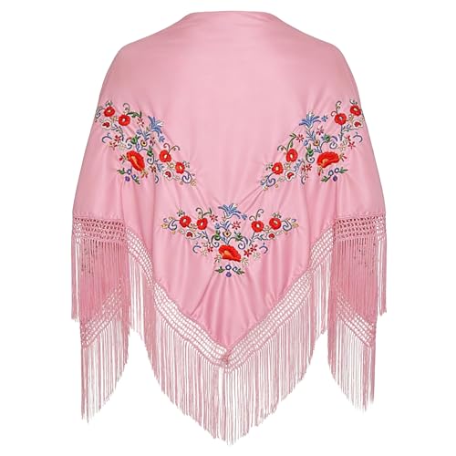 Wildarms Mantón de Sevillana Bordado con Flecos para Flamenco Feria Disfraz Baile Tradicional Mujer (Rosa, L)