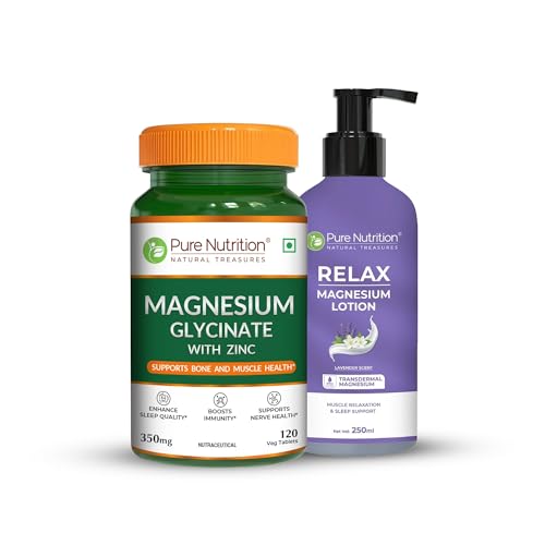 Image of Pure Nutrition Combo - Magnesium Glycinate + Zinc 120 Veg Tablets + Relax Magnesium Lotion 250ml | Supports Bone, Muscle & Nerve Health, Sleep, Stress Relief & Recovery