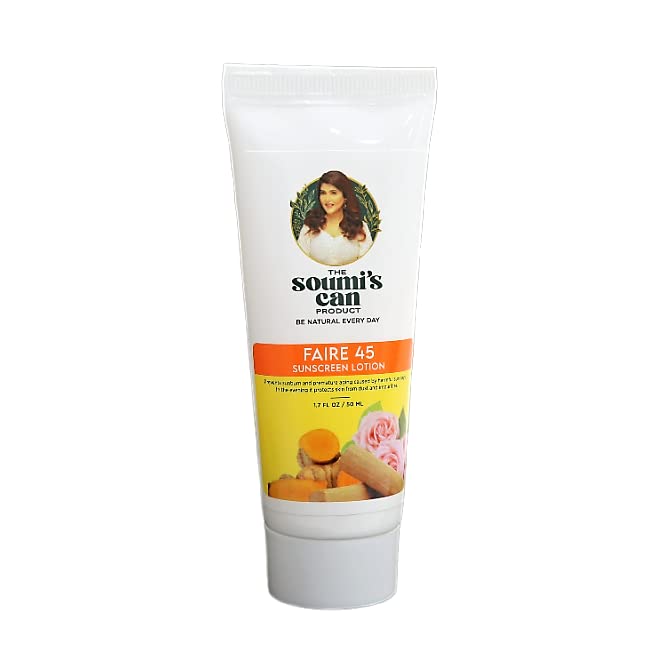 THE SOUMI'S CAN PRODUCT FAIRE 45 SUNSCREEN LOTION | With Haldi, Sandalwood, Rose Petal | Sun Protection with Brightening Effect | All Types of Skin | For Women & Men | 50ML (Pack of 1)