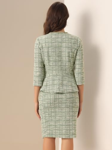 Allegra K Women's 2 Piece Tweed Skirt Set Suit 3/4 Sleeve Jacket Pencil Skirt Elegant Business Suits for Women Medium Green - Thumbnail 4