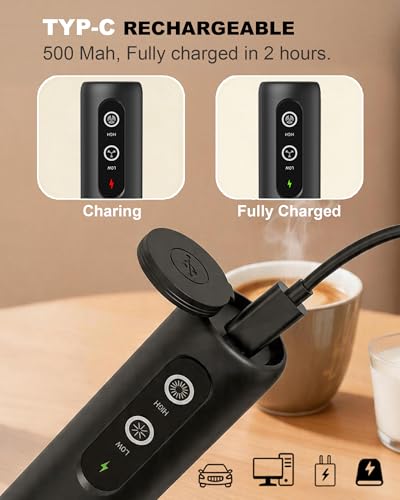 Image of 2-Speed Rechargeable Milk Frother Handheld with Cover, Dual Coil Whisk Coffee Frother Handheld - Portable Hand Frother Wand for Coffee Matcha Cappuccino & Hot Chocolate, Kitchen Gift