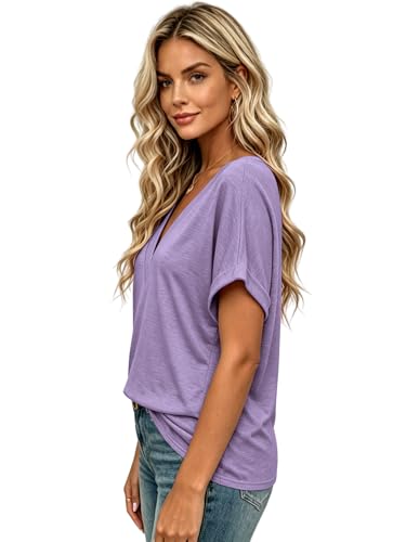 Image of T Shirts Short Sleeve V Neck Tees Womens Tops Beach Vacation Fashion Clothes 2026 Casual Summer Spring Fall Outfits
