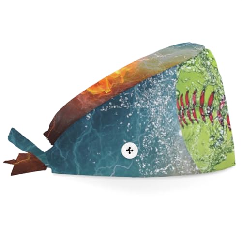 Mularoka Water Fire Tennis Working Caps with Button Sweatband Comfortable Adjustable Bouffant Hats Work Hat for Women Men
